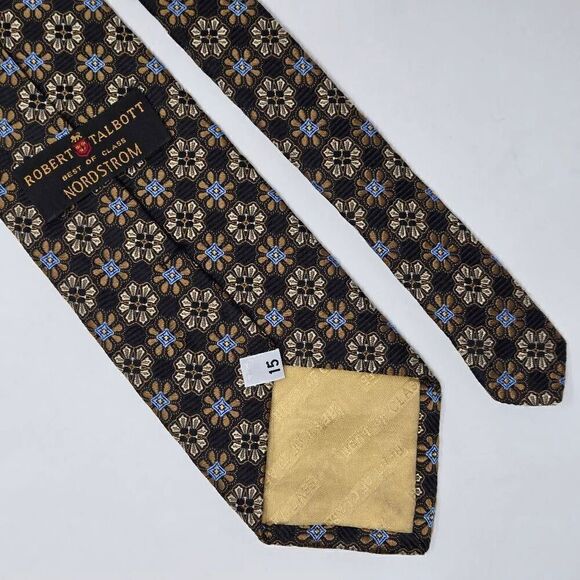 ROBERT TALBOTT BEST OF CLASS SILK TIE BROWN GOLD FLORAL FOULARD 4" X 60" - Picture 2 of 2